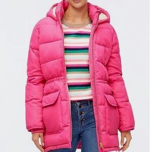 New J. Crew Vibrant Pink Hooded Puffer Jacket